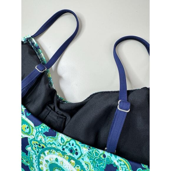 Lands' End Womens Tankini Swimsuit Top 12 Green Black Paisley Underwired Classic - Picture 8 of 15